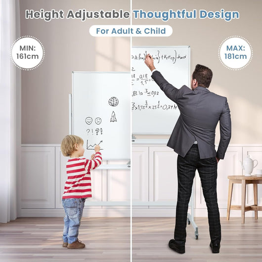 Lavagna Bianca Regolabile in Altezza con Ruote e Bordo Magnetico, Lavagna a Doppio Lato Cancellabile a Secco con Griglia, 4 Ruote Bloccabili, 90 x 120 cm (Bianco)