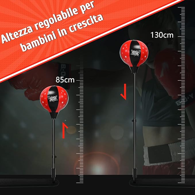 Punching Ball per Bambini e Adulti, Pungiball con Guanti e Pompa Manuale, Sacco da Boxe da Terra Altezza Regolabile 85-130cm