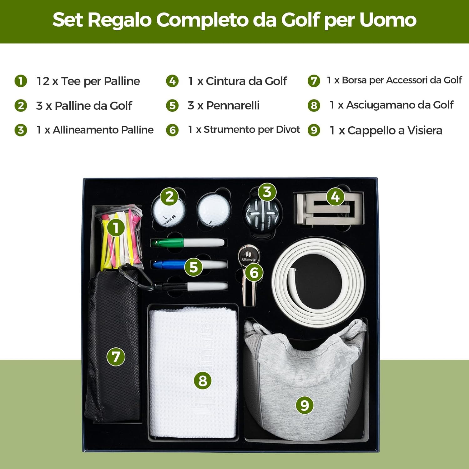Set Completo da Golf, Tee da Golf, Asciugamano, Cintura da Golf, Cappello da Golf, Attrezzo per Divot, Segnapallina & Borsa Portaoggetti, Scatola Regalo Golf per Uomo e Donna