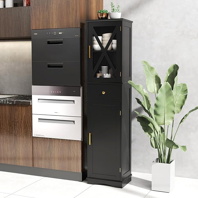 Armadietto da Bagno 40 x 30 x 168 cm, Colonna Bagno con Cassetto, 2 Ante e 3 Ripiani Regolabili, Mobiletto Salvaspazio per Cucina, Soggiorno e Ufficio (Nero)