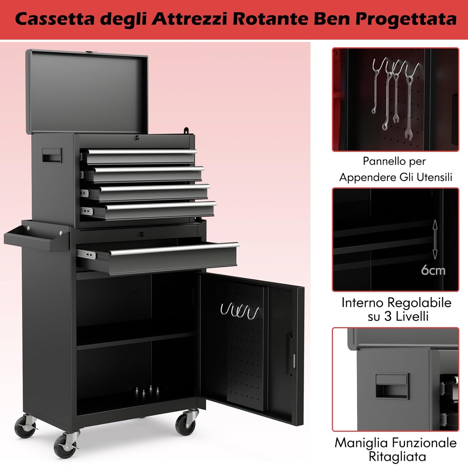 Cassettiera Portautensili a 4 Cassetti, Carrello per Attrezzi con Ruote Bloccabili Ripiano Regolabile e Rivestimento Antiscivolo, 59 x 28 x 102 cm (Nero)