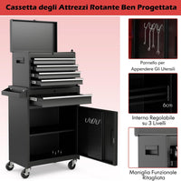 Cassettiera Portautensili a 4 Cassetti, Carrello per Attrezzi con Ruote Bloccabili Ripiano Regolabile e Rivestimento Antiscivolo, 59 x 28 x 102 cm (Nero)
