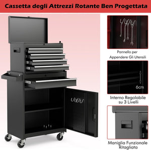 Cassettiera Portautensili a 4 Cassetti, Carrello per Attrezzi con Ruote Bloccabili Ripiano Regolabile e Rivestimento Antiscivolo, 59 x 28 x 102 cm (Nero)