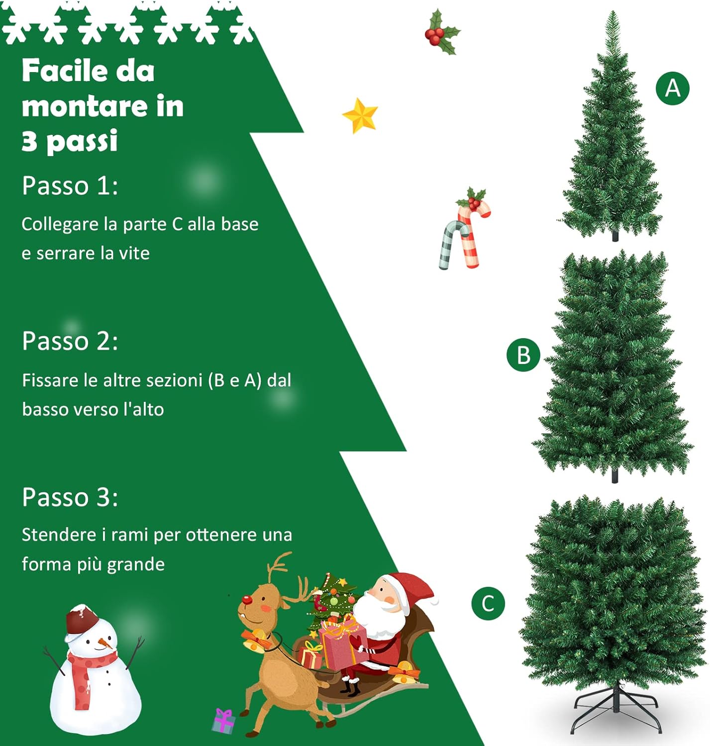 Albero di Natale 150/180/210/240 cm, Albero di Natale Slim con 220/400/700/1000 Rami Folti e Realistici e Base in Metallo, Albero di Natale Artificiale per Casa e Negozio, Verde (210 cm)