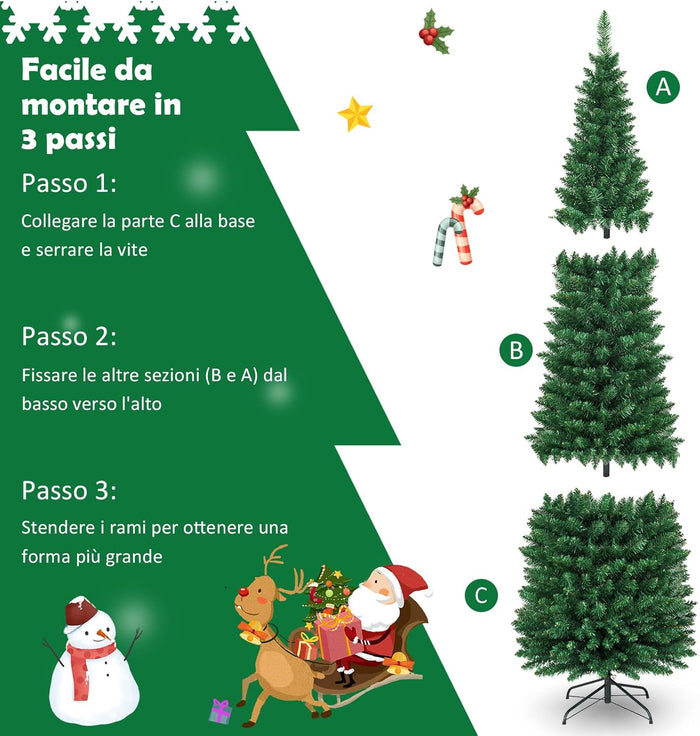 Albero di Natale 150/180/210/240 cm, Albero di Natale Slim con 220/400/700/1000 Rami Folti e Realistici e Base in Metallo, Albero di Natale Artificiale per Casa e Negozio, Verde (210 cm)