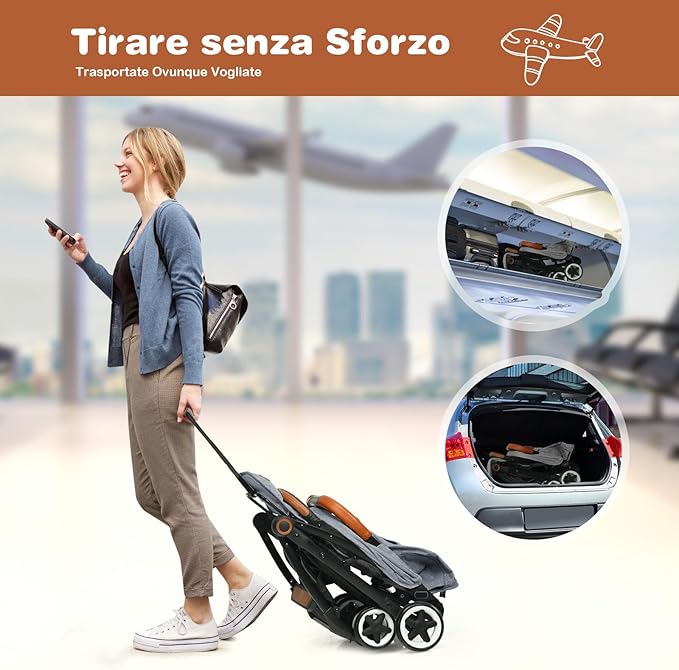 Passeggino Pighevole per Bmabini, Passeggino con Schienale e Poggiapiedi Regolabili, Passeggino Leggero Portata 15 kg, con Cappottina e Zanzariera, per Bambini 0-3 Anni (Grigio)