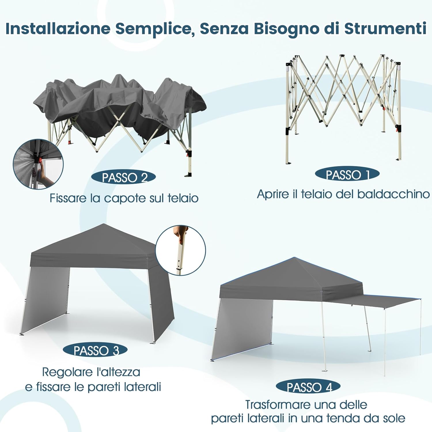 Gazebo Pieghevole 430 x 280 cm, Gazebo da Esterno con Pareti Laterali Convertibili in Tenda da Sole, 8 Picchetti, 4 Corde Antivento, Tendone Impermeabile per Feste (Grigio)