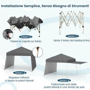 Gazebo Pieghevole 430 x 280 cm, Gazebo da Esterno con Pareti Laterali Convertibili in Tenda da Sole, 8 Picchetti, 4 Corde Antivento, Tendone Impermeabile per Feste (Grigio)