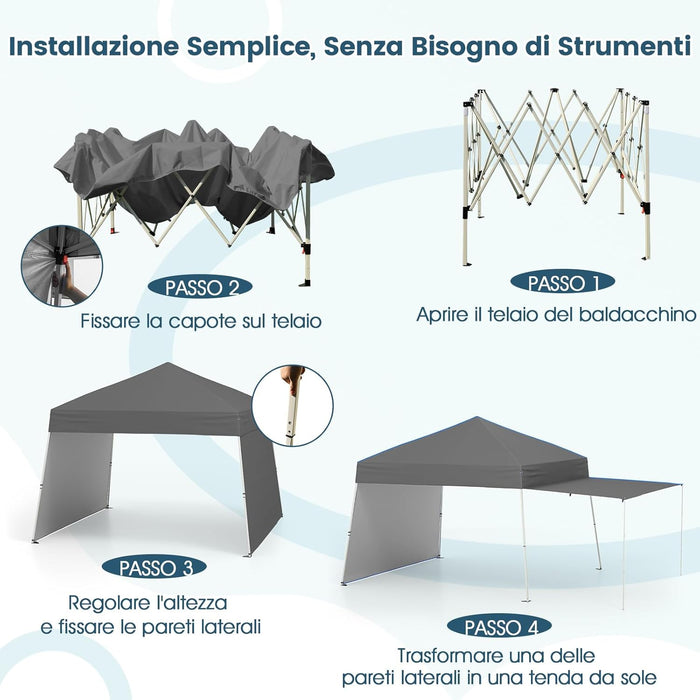 Gazebo Pieghevole 430 x 280 cm, Gazebo da Esterno con Pareti Laterali Convertibili in Tenda da Sole, 8 Picchetti, 4 Corde Antivento, Tendone Impermeabile per Feste (Grigio)