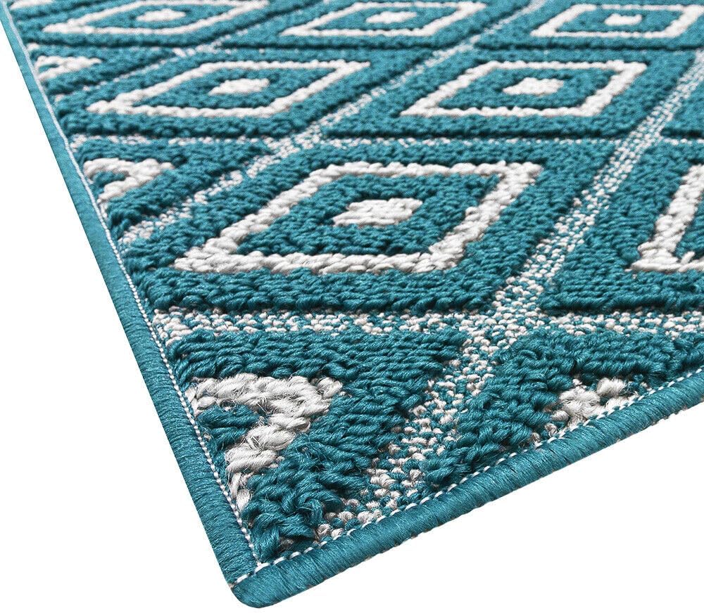 Tappeto Casa Cucina Rombi 3D 50X290 Cm Bordato Moderno Assorbente Antiscivolo Blu