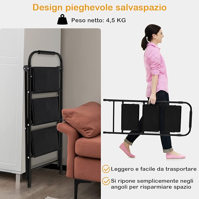 Scala a 3 Gradini, Scaletta Pieghevole con Ampio Pedale, Corrimano e Piedi Antiscivolo, Struttura in Metallo, Carico 265 kg, Nero
