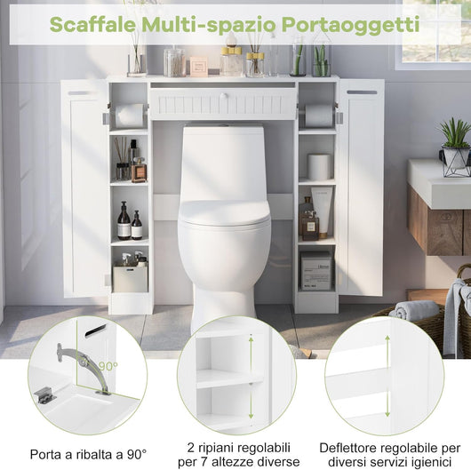 Mobile Sopra WC, Mobile per Bagno con Ripiani Regolabili Portarotolo per Carta Igienica e Anta Ribaltabile, Ideale per Bagno Lavanderia, 89x19,5x99 cm