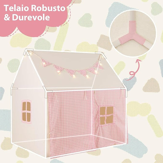 Tenda da Gioco per Bambini, Casetta Tenda da Gioco con Tappetino Imbottito, 2 Finestre Traspiranti e 2 Tasche, Luci a Stella e Bandierine Incluse, Tenda per Bambini 3-8 Anni (Rosa)