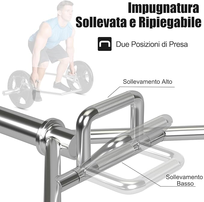 Barra della Trappola Olimpica, Barra Esagonale Pieghevole con Manici Zigrinati, Manicotti 25 cm e Molle, Olympic Hex Trap Bar per Sollevamento Pesi e Bodybuilding, Carico 363 kg(Argento)