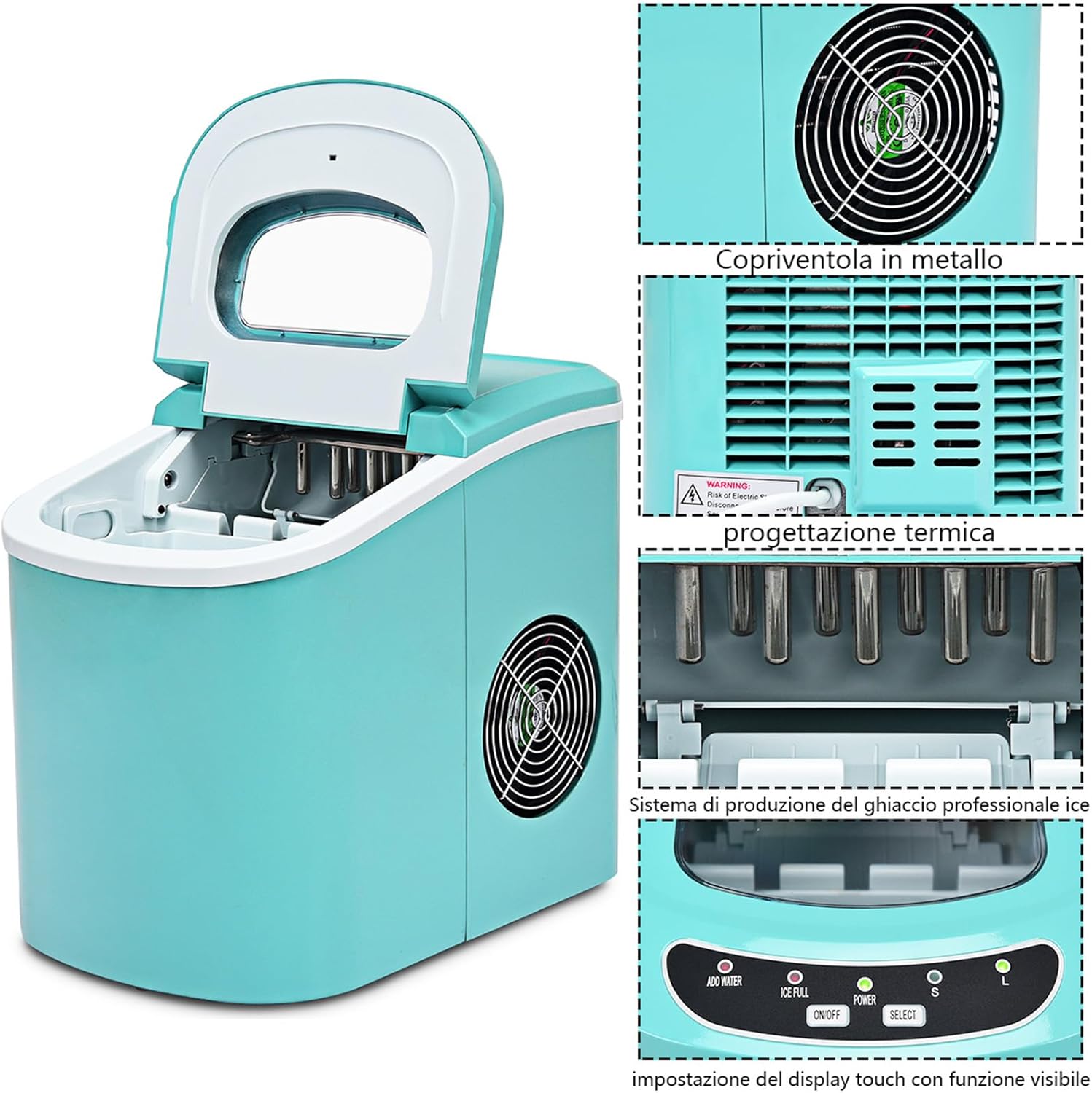 Macchina del Ghiaccio Portatile 12kg/24h, Macchina del Ghiaccio Cubetti con Cucchiaio Porzionatore e Cesto, 9 Cubetti di Ghiaccio in 6-13 Minuti (Verde)