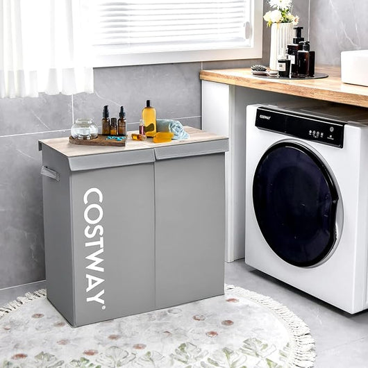 115 L Cesto Portabiancheria con Coperchio, Portabiancheria Sporca con 2 Scomparti e Maniglie, in Tessuto Non Tessuto, Ideale per Bagno Lavanderia, 62 x 31 x 60 cm (Grigio)
