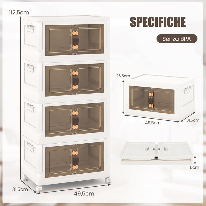 Set di Contenitori in PP, Contenitori Plastica con Coperchio, Scatola Portaoggetti Pieghevoli con Ruote, per Soggiorno, Camera da Letto, Cucina (L-Set di 4)