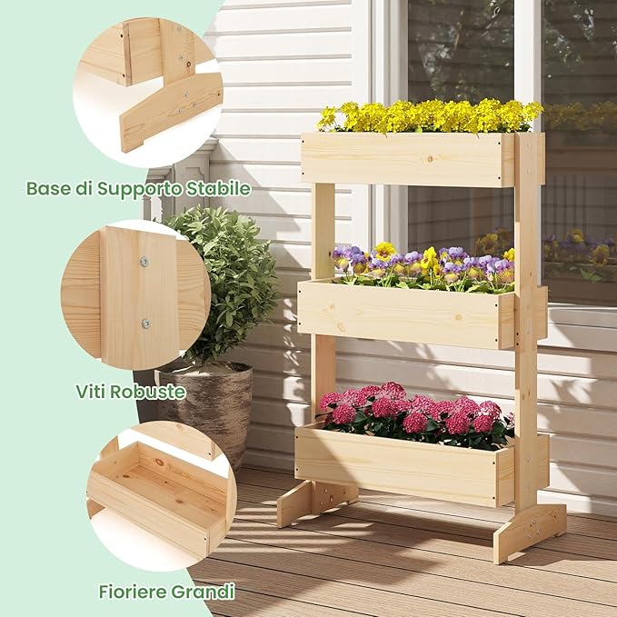 Letto da Giardino Rialzato a 3 Livelli, Fioriere in Legno da Interno e Esterno per Fiori, Verdure ed Erbe, Supporto per Vasi da Fiori Autoportante per Patio, Balcone e Giardino