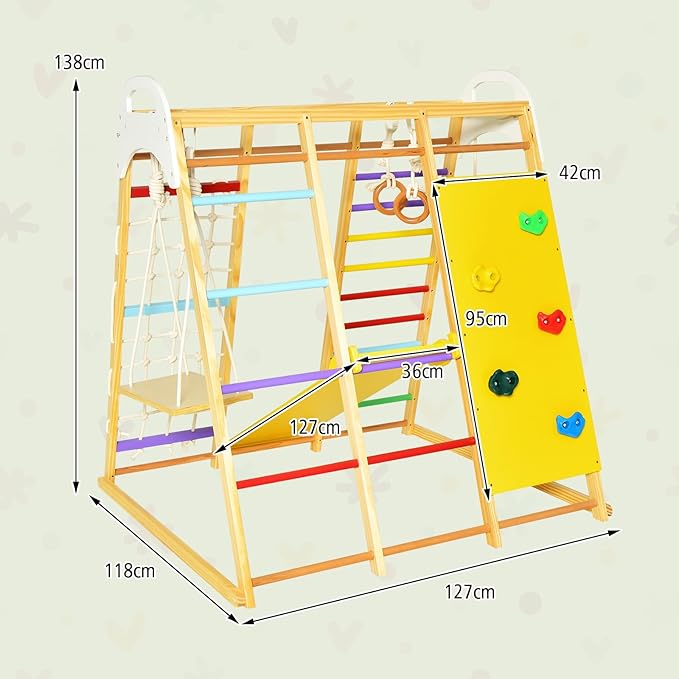 Set da Arrampicata per Bambini, Area Giochi Multifunzionale in Legno con Scala, Scivolo, Altalena e Rete da Arrampicata (Colorato)