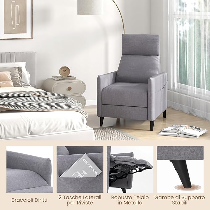 Poltrona Reclinabile, Poltrona in Tessuto di Lino con Schienale e Poggiapiedi Regolabili, Sedile Morbido Imbottito, 2 Tasche, per Soggiorno Camera da Letto, Carico 120 kg (Grigio chiaro)