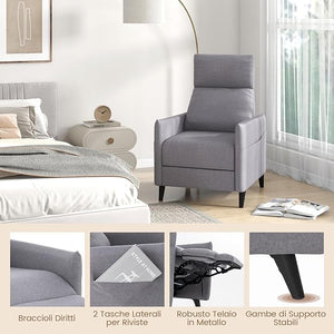 Poltrona Reclinabile, Poltrona in Tessuto di Lino con Schienale e Poggiapiedi Regolabili, Sedile Morbido Imbottito, 2 Tasche, per Soggiorno Camera da Letto, Carico 120 kg (Grigio chiaro)