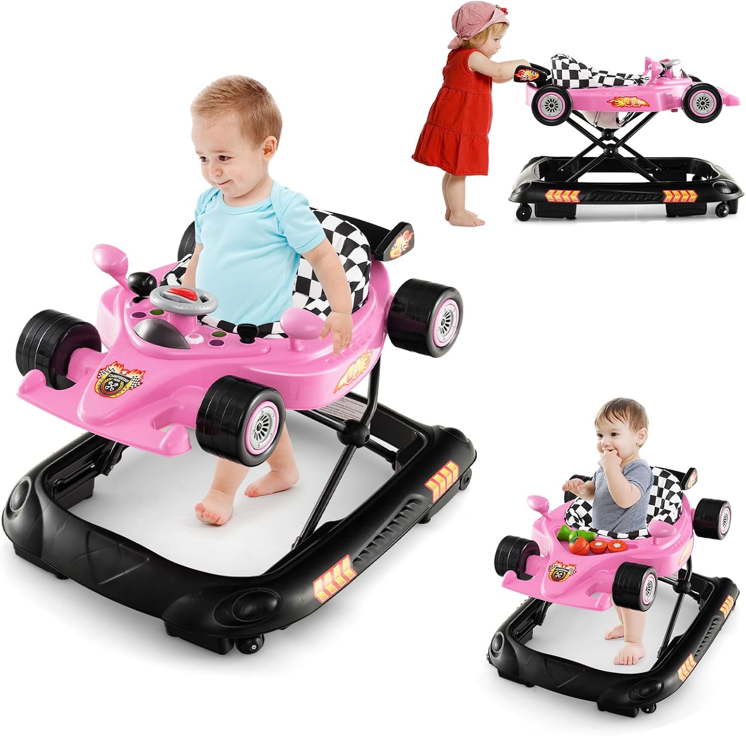 4 in 1 Girello per Bambini, Primi Bassi per Neonati con Altezza Regolabile, Girello Pieghevole con Vassoio Rimovibile, Musica e Luci, per Bambini 6+ Mesi (Rosa)