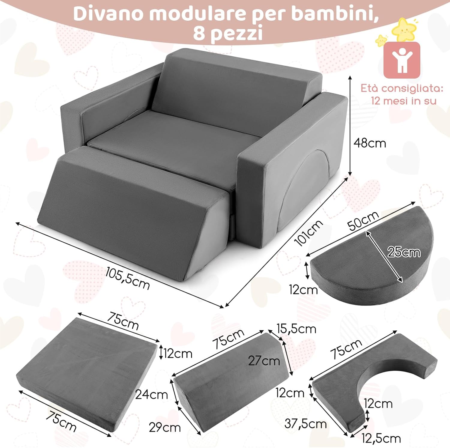 Divano Modulare per Bambini 8 Pezzi, Divanetto per Bambini con Copertura Staccabile per Sala Giochi e Camera da Letto, Divano Creativo per Bambini per Giocare, Creare e Dormire (Grigio)