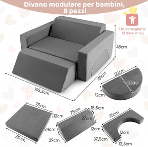 Divano Modulare per Bambini 8 Pezzi, Divanetto per Bambini con Copertura Staccabile per Sala Giochi e Camera da Letto, Divano Creativo per Bambini per Giocare, Creare e Dormire (Grigio)