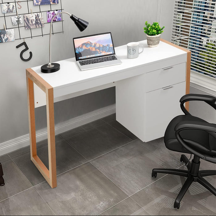 Scrivania Moderna per Computer, Postazione di Lavoro con Armadietto e Cassetto, Design Semplice ed Elegante, Scrivania con Superficie Liscia, Ideale per Casa e Ufficio