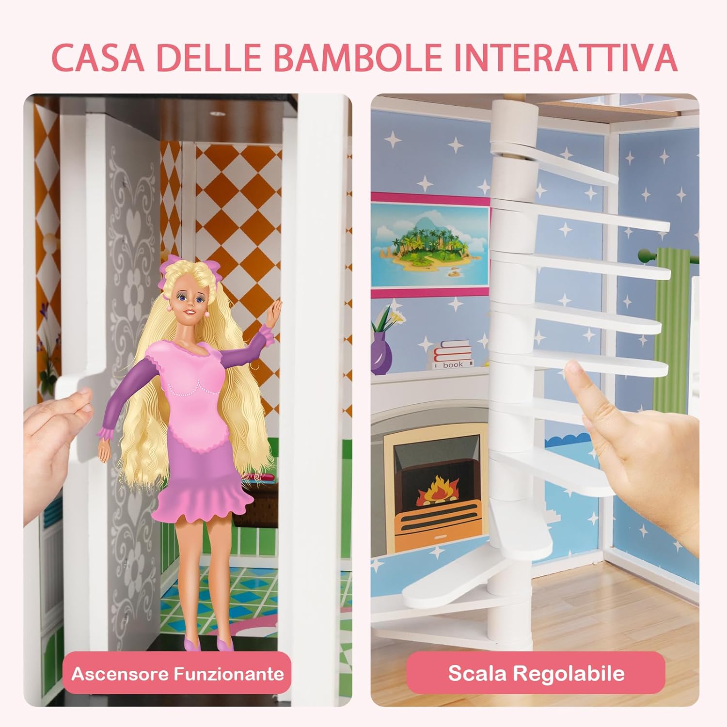 Casa delle Bambole in Legno, con Ascensore Funzionante, Scala Girevole, Stanze Simulate e Ricchi Accessori di Arredamento, Regalo per Bambini di 3+ Anni