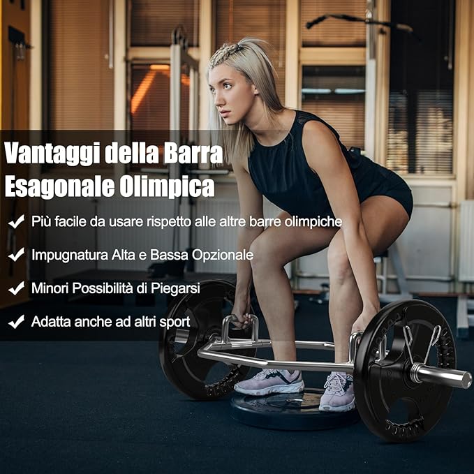 Barra della Trappola Olimpica, Barra Esagonale Pieghevole con Manici Zigrinati, Manicotti 25 cm e Molle, Olympic Hex Trap Bar per Sollevamento Pesi e Bodybuilding, Carico 363 kg(Argento)
