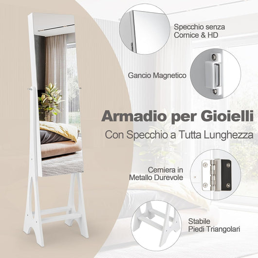Specchio Portagioie, Armadio Regolabile per Gioie con Specchio Senza Cornice e 12 Luci a LED per Camera da Letto, Specchiera Portagioe per Trucco da Terra, 36x33,5x154,5 cm (Bianco)