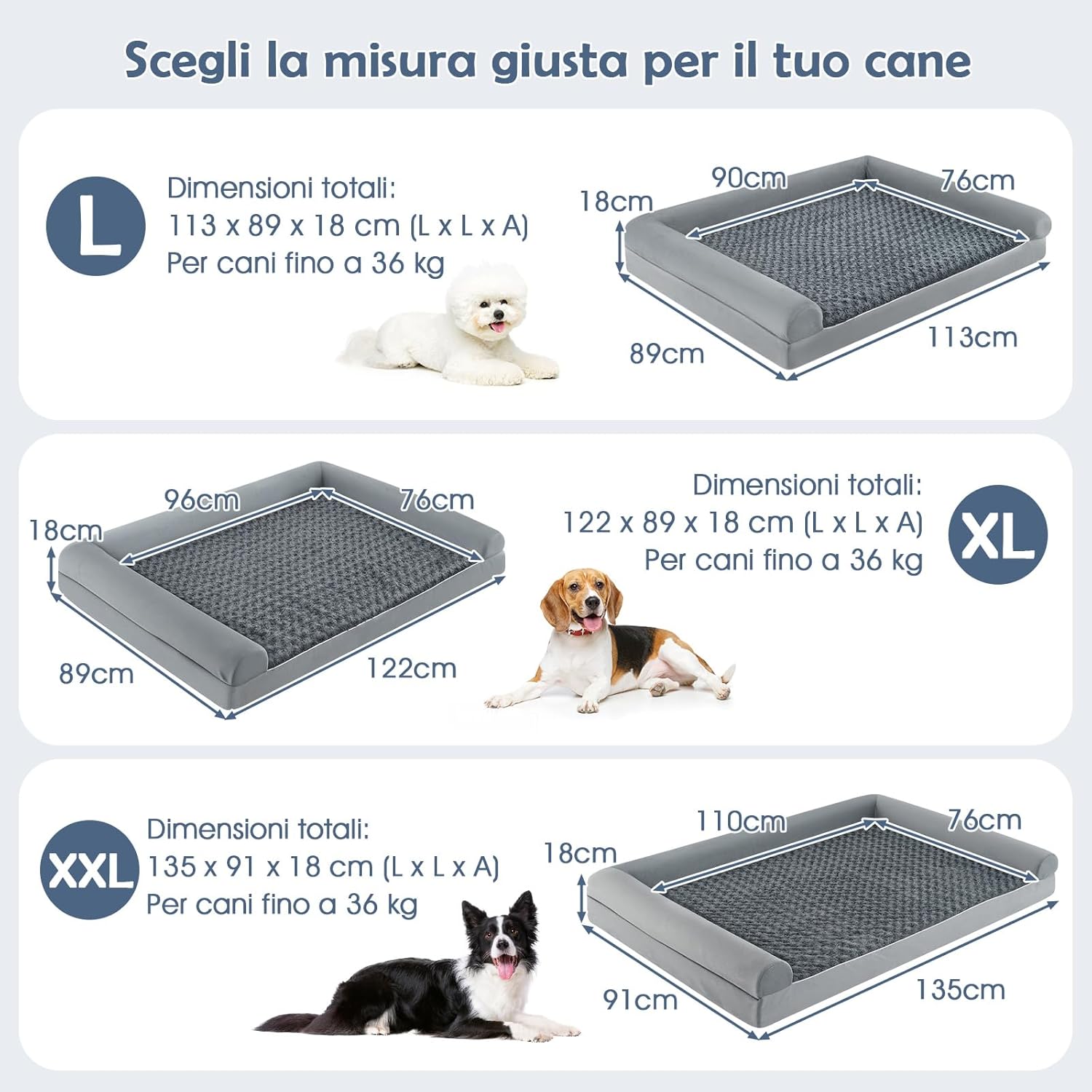 Cuccia Cane Interno in Schiuma, Brandina per Cani con Cuscino, Copertura Rimovibile e Tessuto Interno Impermeabile, Lettino per Animali Domestici, Grigio (122 x 89 x 18 cm)
