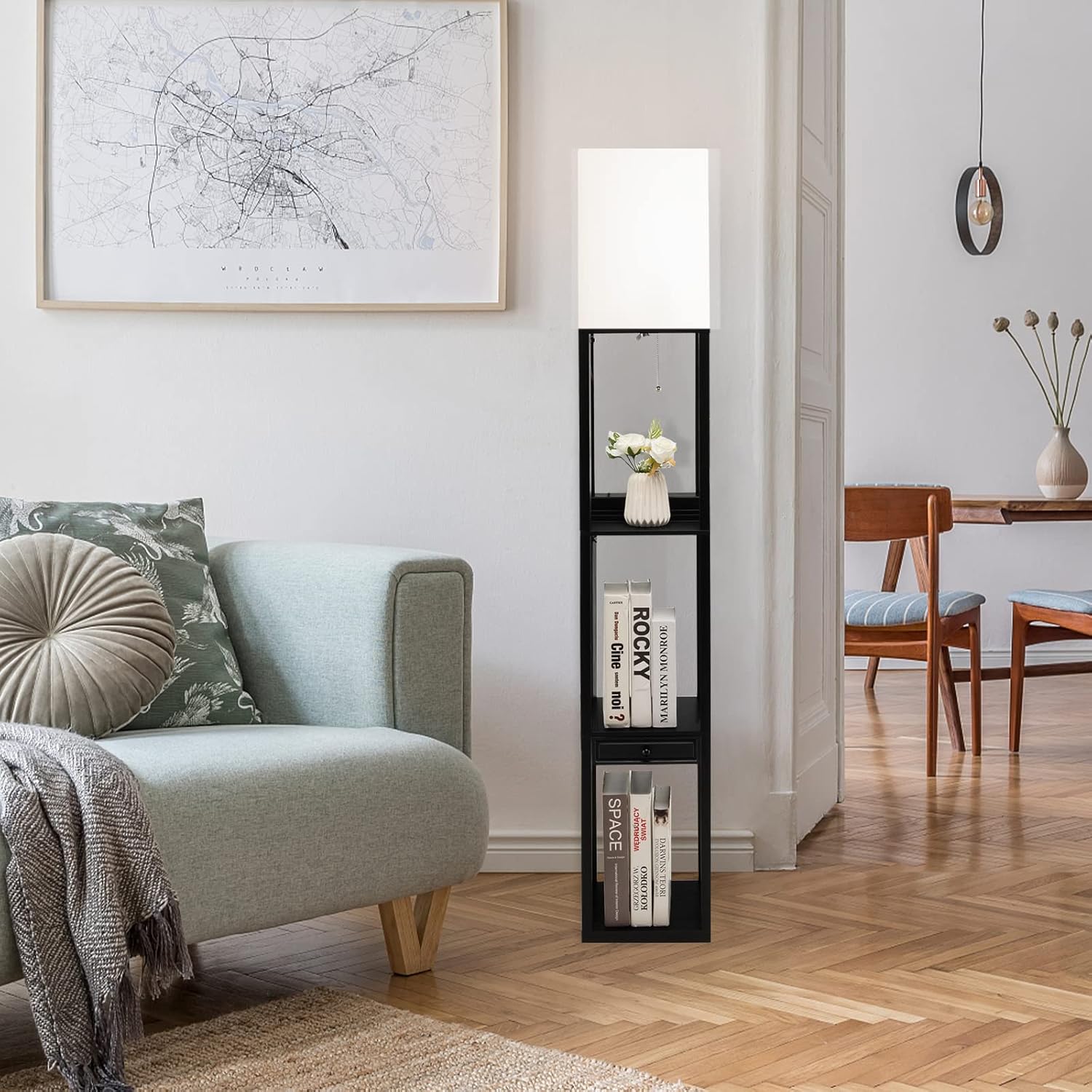 Lampada da Terra con Mensola, Cassetto e Porta USB, Lampadina 5000K LED Inclusa, 3 Regolazioni di Luminosità, Lampada a Stelo per Soggiorno e Camera da Letto