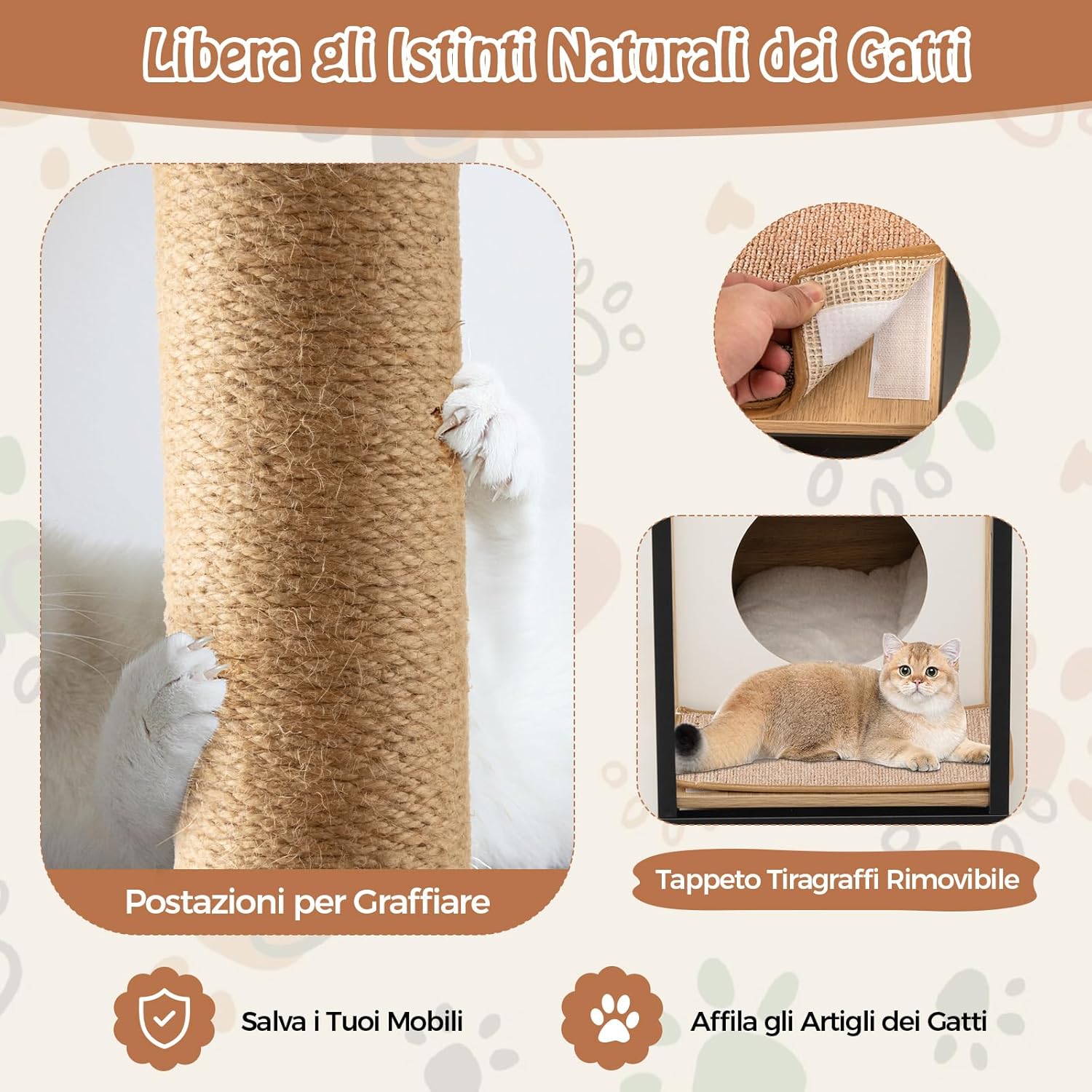 Cuccia per Gatti, Casetta per Gatti con Giocattolo a Palla Pensile e Dispositivo Anti-Ribaltamento, Tavolino Moderno e Multisuo con Case per Gatti, 60 x 36 x 66 cm(Naturale)