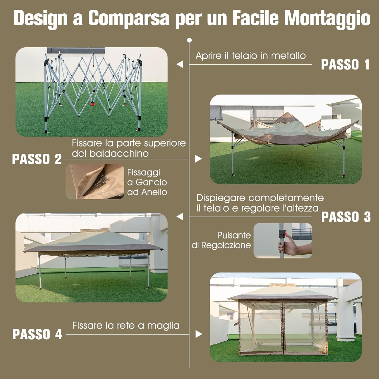 Gazebo Pieghevole da Giardino 3,6 x 3,6m, Gazebo Pop-up con Borsa da Trasporto con Ruote, Regolabile in Altezza, per Feste, Barbecue, Giardino e Spiaggia (Con Rete)