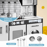 Cucina Giocattolo per Bambini, Cucina Legno per Bambini con Forno, Microonde, Lavatrice, Telefono, Lavello Rimovibile e Rubinetto Rotante, con Luci e Suoni, per Bambini di 3+ Anni (Nero)