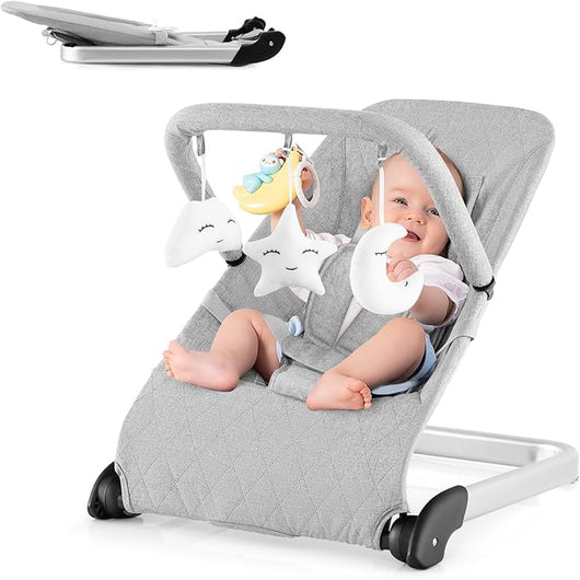Sdraietta a Dondolo per Neonati, Sdraietta Pieghevole con Cintura di Sicurezza a 5 Punti, Sedia a Dondolo Portatile da Terra, con Base in Allumino, Grigio