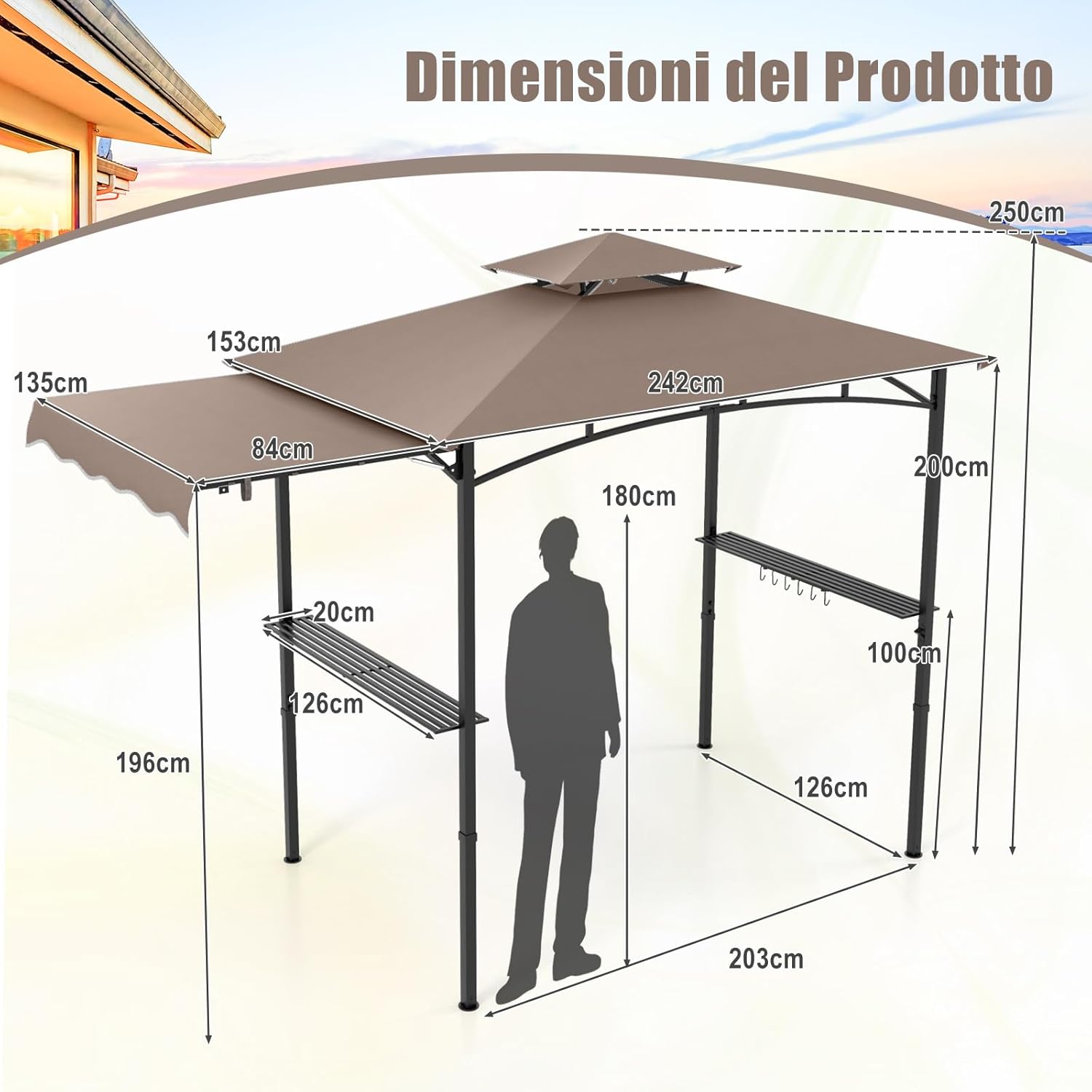 Gazebo per Barbecue, Pergola per BBQ con Tendalino Laterale, Tetto a 2 Livelli, 2 Ripiani Laterali, Ganci Appesi, Apribottiglie, per Giardino e Cortile, 318 x 153 x 250 cm (Marrone)