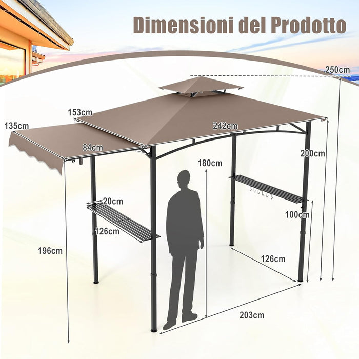 Gazebo per Barbecue, Pergola per BBQ con Tendalino Laterale, Tetto a 2 Livelli, 2 Ripiani Laterali, Ganci Appesi, Apribottiglie, per Giardino e Cortile, 318 x 153 x 250 cm (Marrone)