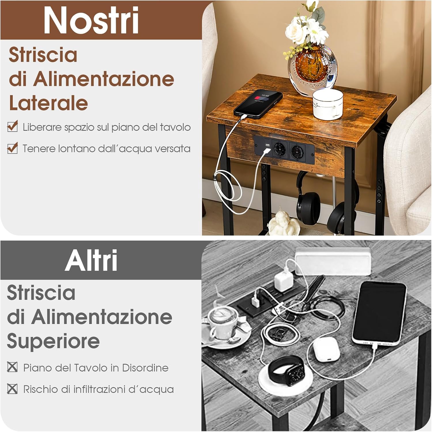 Set di 2 Comodini con Stazione di Ricarica, 2 Tavolini Laterali per Letto e Divano con Ripiano Aperto, Tavolino da Estremità a 2 Livelli con Telaio in Metallo e Porte USB e Prese