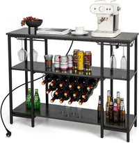 Mobile Bar Vino, Portabottiglie Industriale con 3 Ripiani, Porta Calici, Porte USB e Prese, Mobile Portabottiglie di Vino con Struttura in Metallo, 113 x 35 x 85 cm (Grigio)
