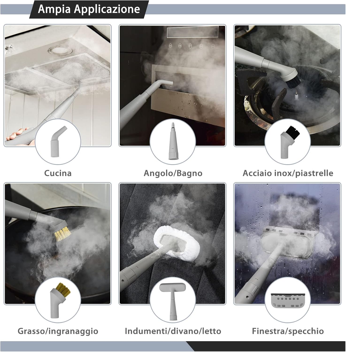 1000W Pulitore a Vapore Multiuso, Macchina a Vapore Portatile con 10 Accessori Serbatoio da 300 ml, Pulizia a Vapore con Tubo Flessibile per Cucina Bagno Finestre (Grigio)