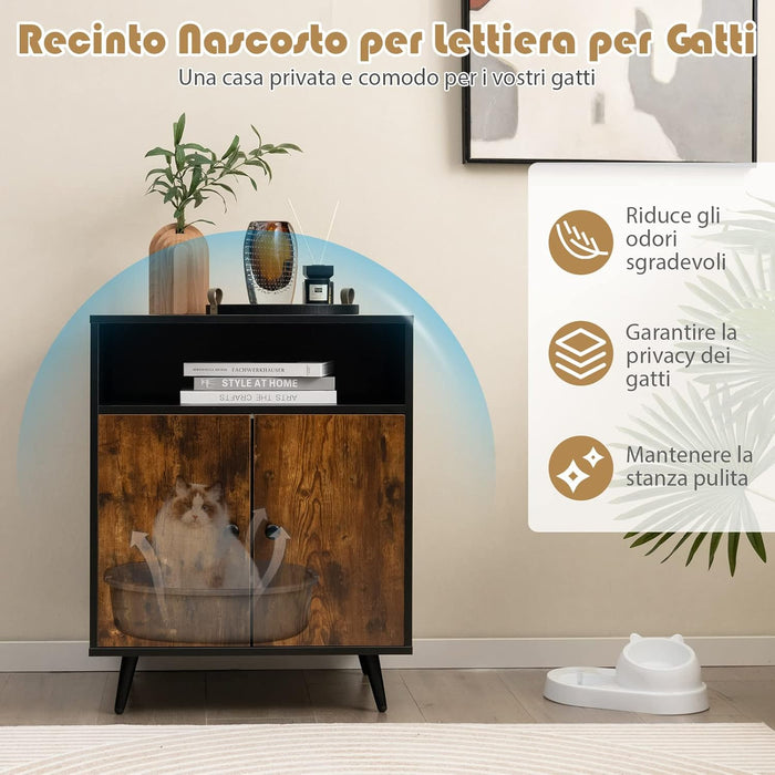 Mobile per Lettiera per Gatti, Casetta per Gatti con Ingresso, Gambe Inclinate e Scomparto Aperto, Tavolino in Legno Versatile per Salotto, 60 x 45 x 75 cm, Marrone e Nero