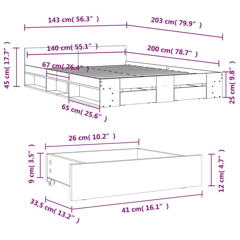 Giroletto con Cassetti Rovere Fumo 140x200 cm Legno Multistrato 3280752