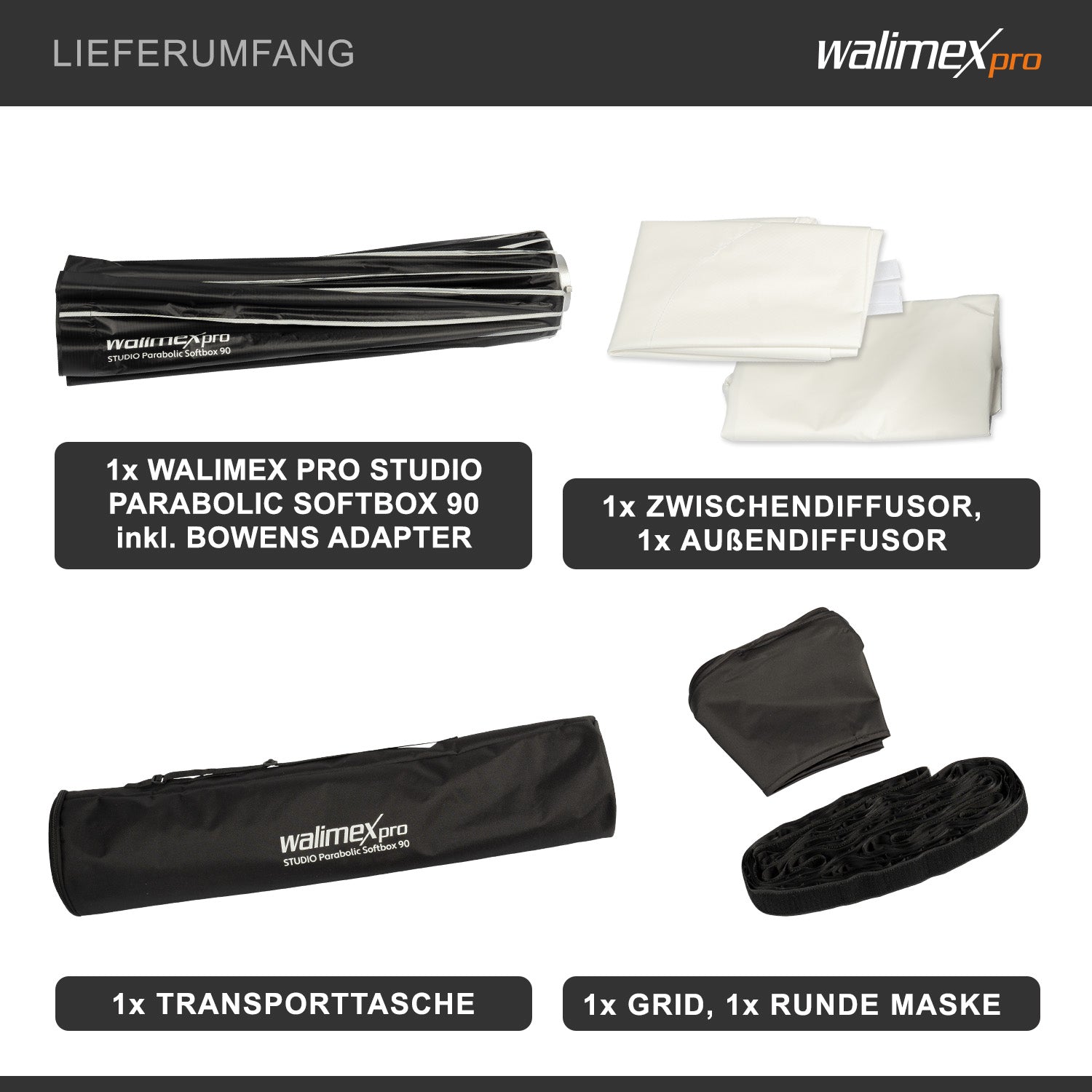 Studio Parabolic Softbox 90cm, ruotabile a 360°, facile da montare grazie alla funzione ombrello, con griglia, maschera, adattatore Bowens e borsa per il trasporto, ideale per ritratti