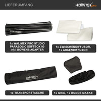 Studio Parabolic Softbox 90cm, ruotabile a 360°, facile da montare grazie alla funzione ombrello, con griglia, maschera, adattatore Bowens e borsa per il trasporto, ideale per ritratti