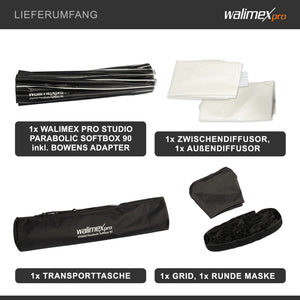 Studio Parabolic Softbox 90cm, ruotabile a 360°, facile da montare grazie alla funzione ombrello, con griglia, maschera, adattatore Bowens e borsa per il trasporto, ideale per ritratti