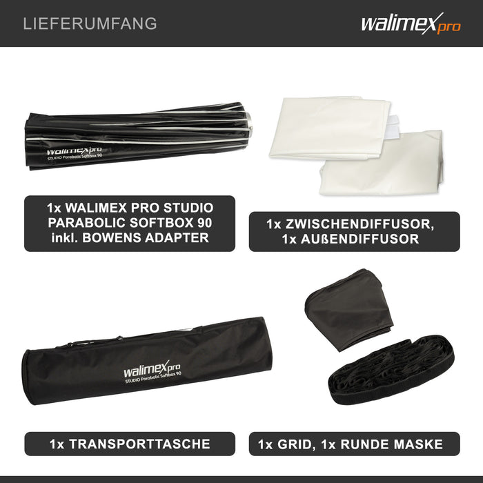 Studio Parabolic Softbox 90cm, ruotabile a 360°, facile da montare grazie alla funzione ombrello, con griglia, maschera, adattatore Bowens e borsa per il trasporto, ideale per ritratti
