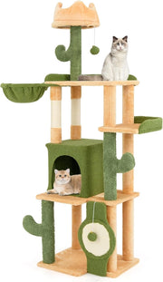 Tiragraffi 160cm, Albero per Gatti con Pali per Graffi in Sisal, Posti a Sedere Imbottiti, Giochi Appesi e Cuccia, Torre per Animali Domestici da Interno a Forma di Cactus, Verde